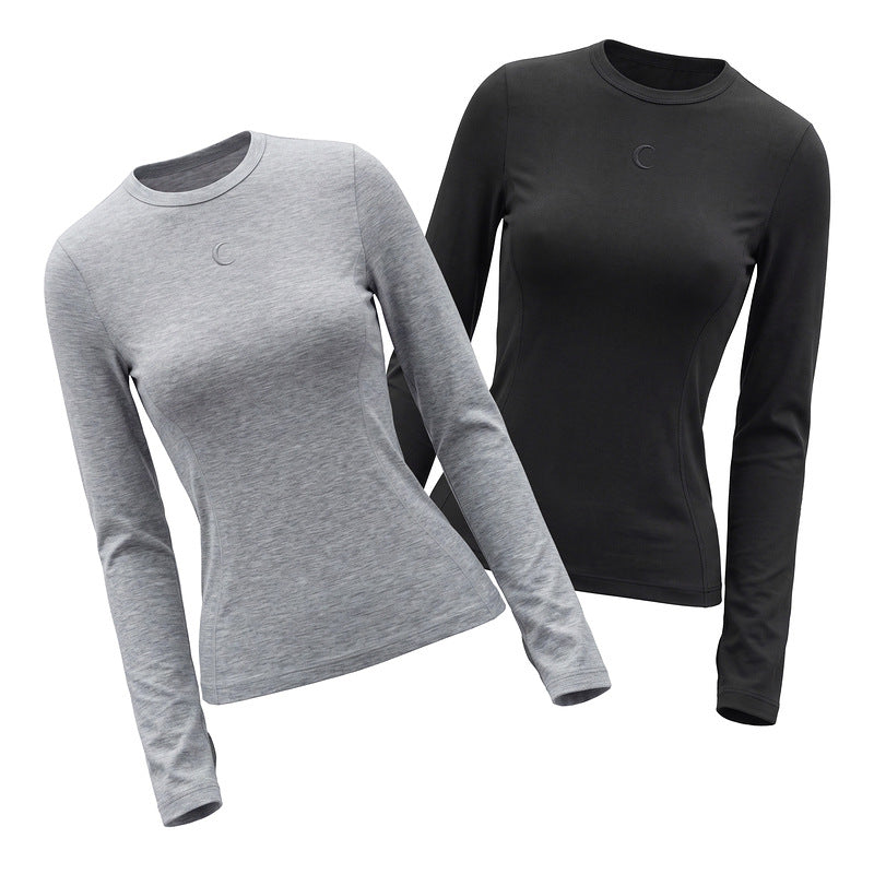 Round neck crescent moon embossed long sleeved T-shirt for women