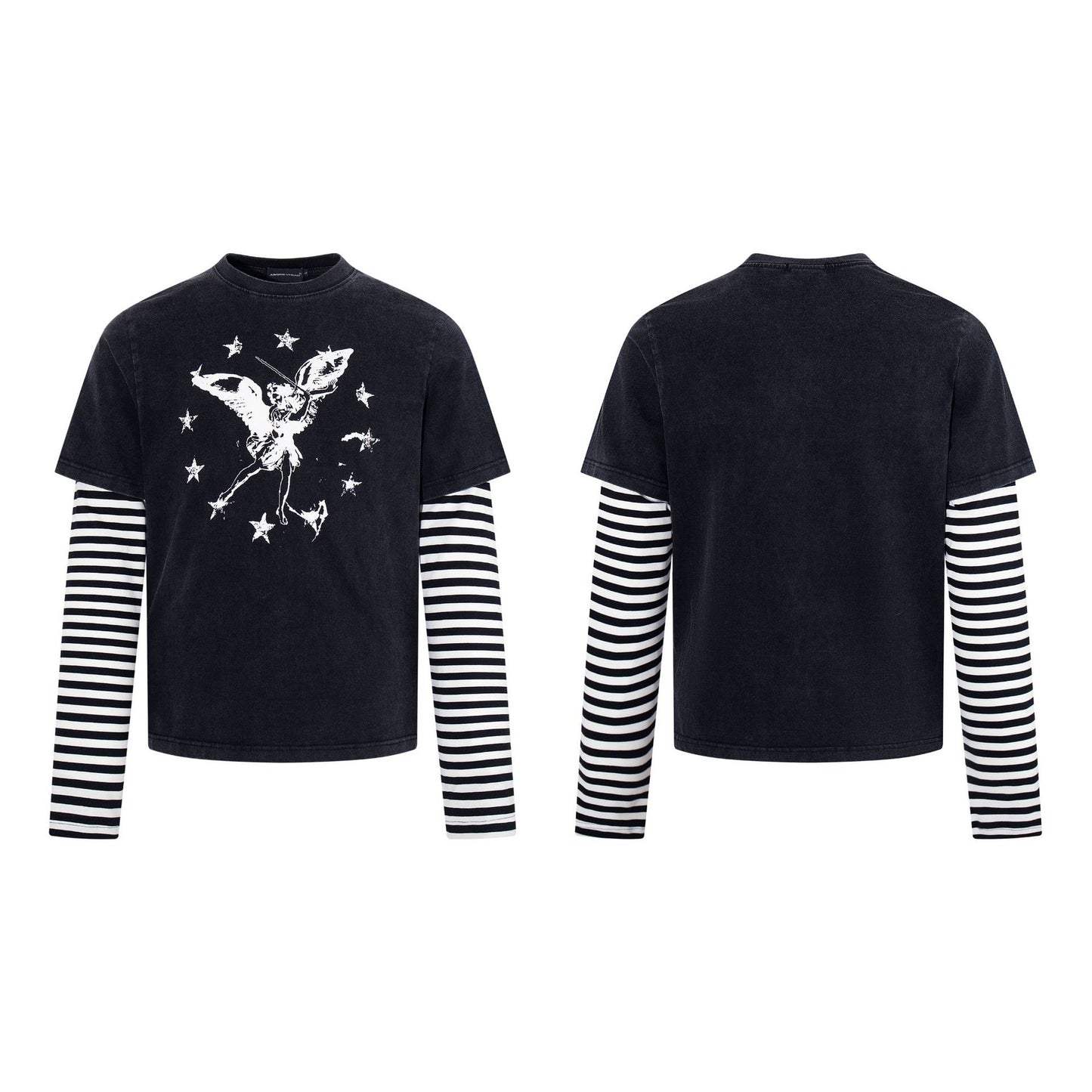 Striped fake two angel star printed long sleeved shirt