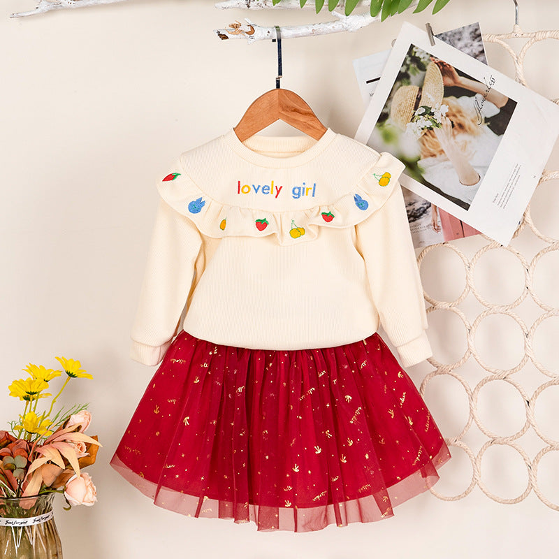 Autumn/Winter Korean-Style Girls' Round Neck Pleated Lace Trim Embroidered Hoodie and Skirt Two-Piece Set Fashion