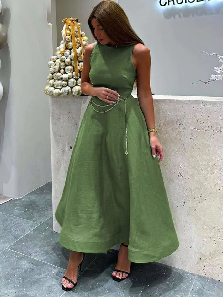Elegant green women's dress, fashionable round neck sleeveless dress, casual new high waisted A-line mid waist dress for women