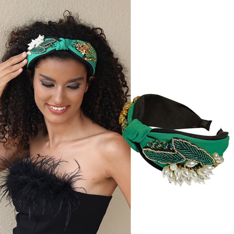 Handmade wide edge knotted fabric flower headband with diamond hair accessories