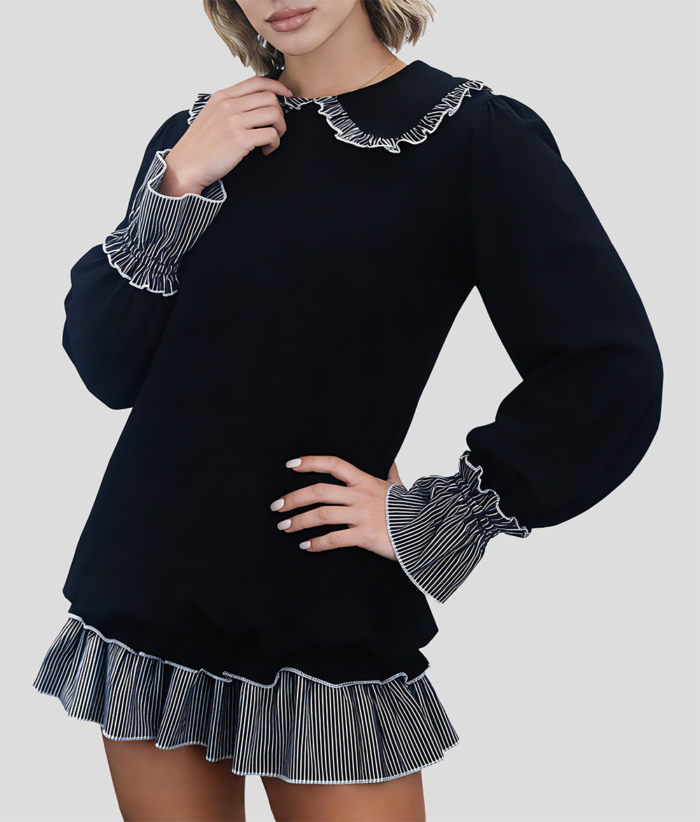 Women's fashionable black and white striped color-blocked dress with Peter Pan collar and open back