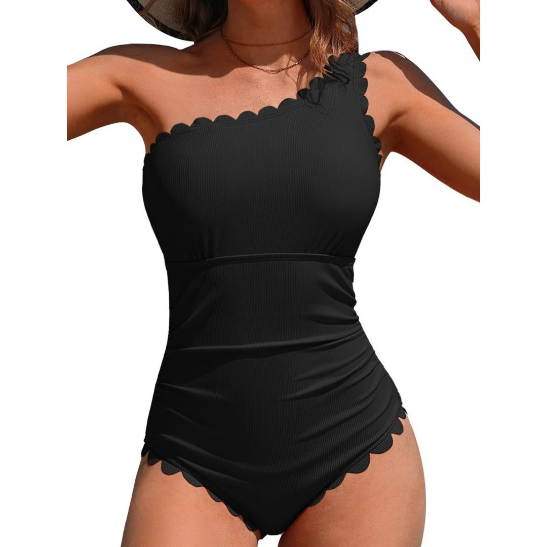 Solid color slanted shoulder one-piece swimsuit