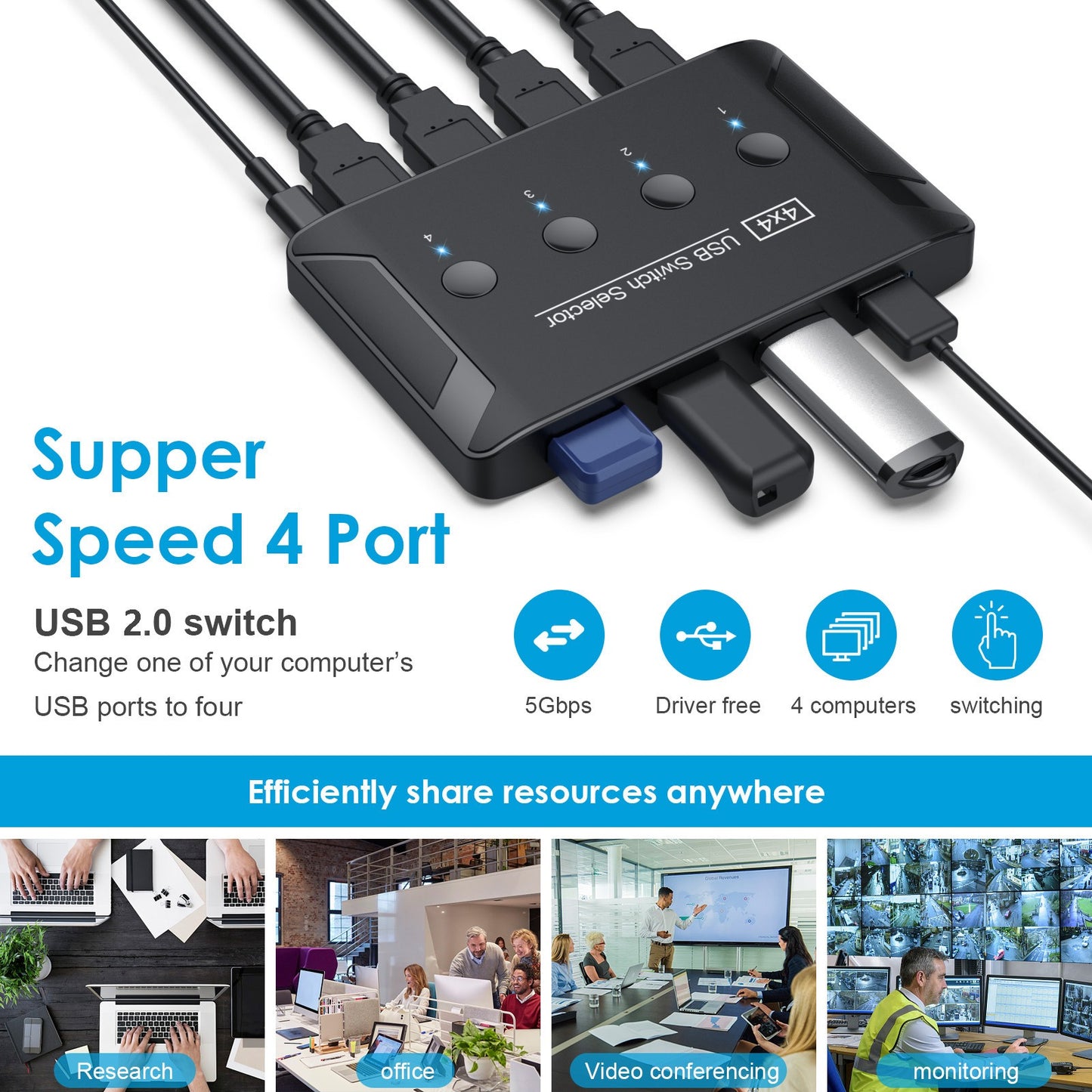 USB 2.0 Switch 4-in-4-out 4-port USB Keyboard Mouse Printer Shared Printer Switch