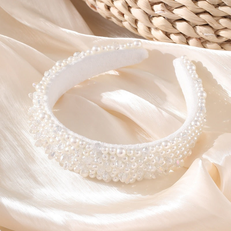 Fashionable pearl hair band for washing face, wide brimmed crystal sponge headband for women