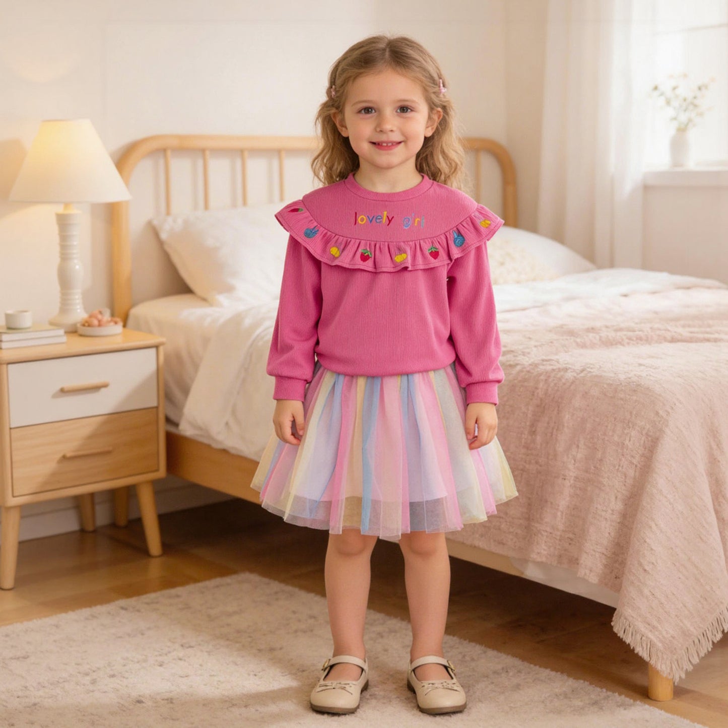 New Women's Children's Fashion Casual  Embroidered Ruffle Round Neck Flower Hoodie and Skirt Set