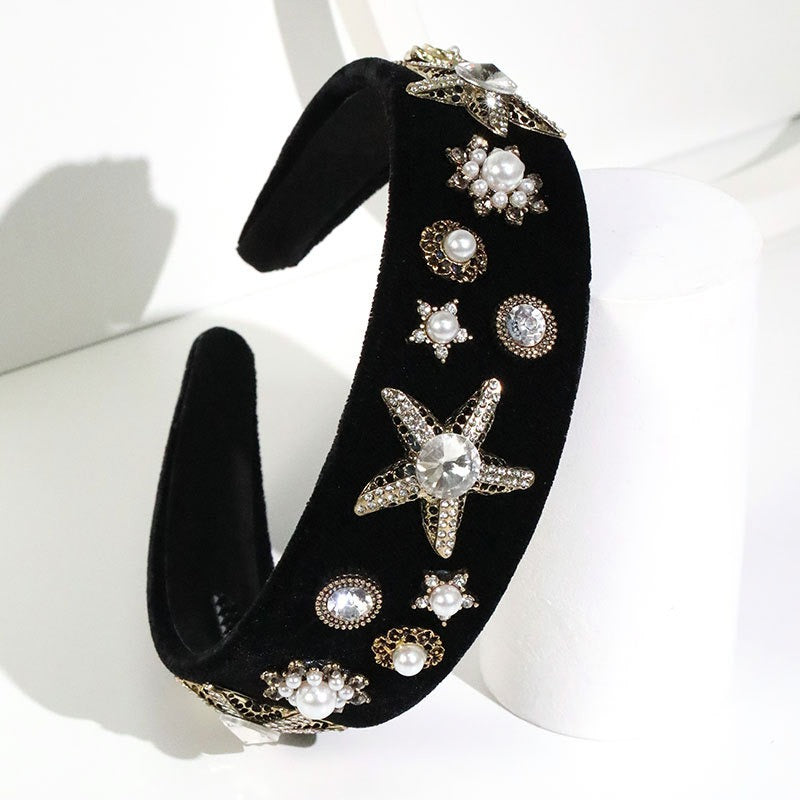 Fashionable wide edge velvet cloth pearl black starfish headband
