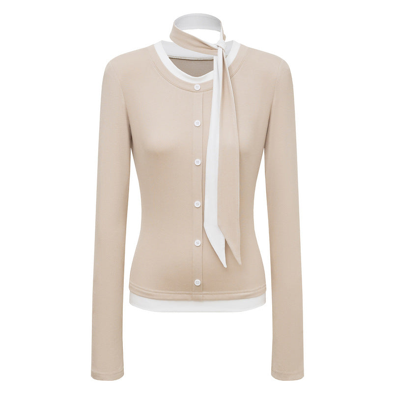 Hanging neck ribbon contrasting fake two piece long sleeved T-shirt