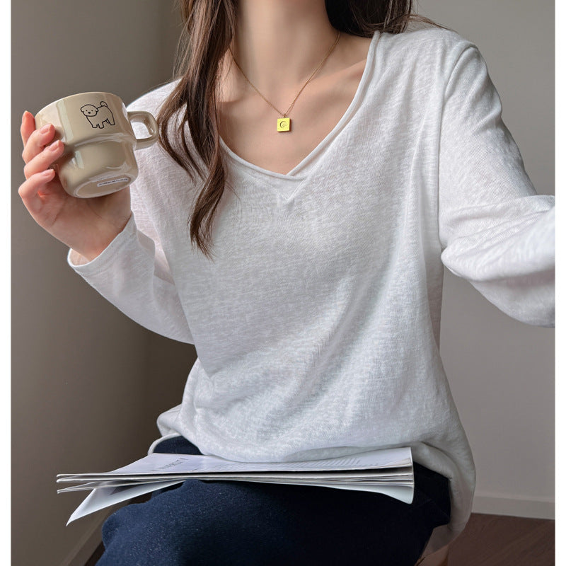 Snow Cotton Women's Long Sleeve T-Shirt, Deep V-Neck, Loose Casual Basic Versatile Top