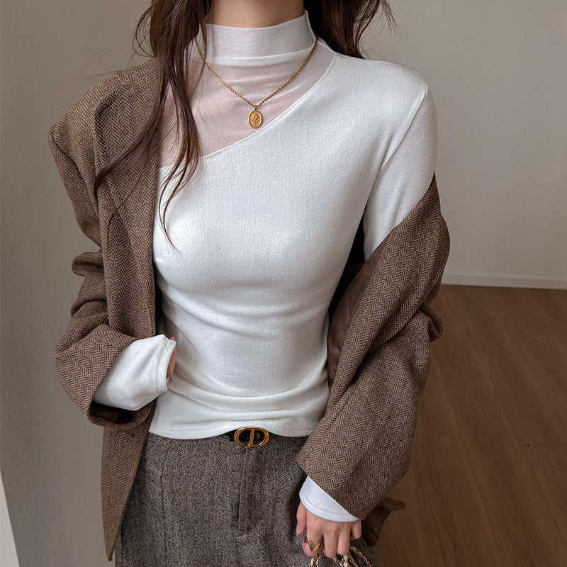 Chic High Neck Women's Long Sleeve T-Shirt with Mesh Splicing Lightweight Inner Layer Top