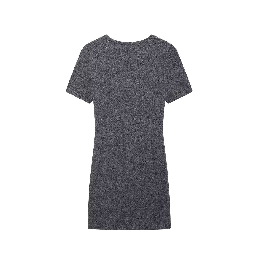 European and American winter new style low neck short sleeved gray knitted slim fit dress for women