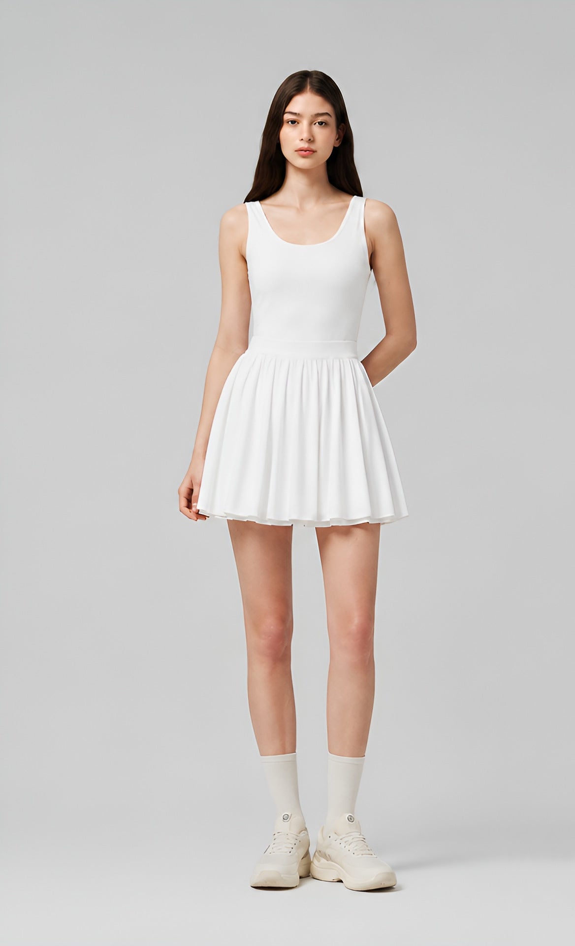 Youthful Sporty Tennis Dress with Pleated Hem, Backless, Fitted Waist, Flared Skirt