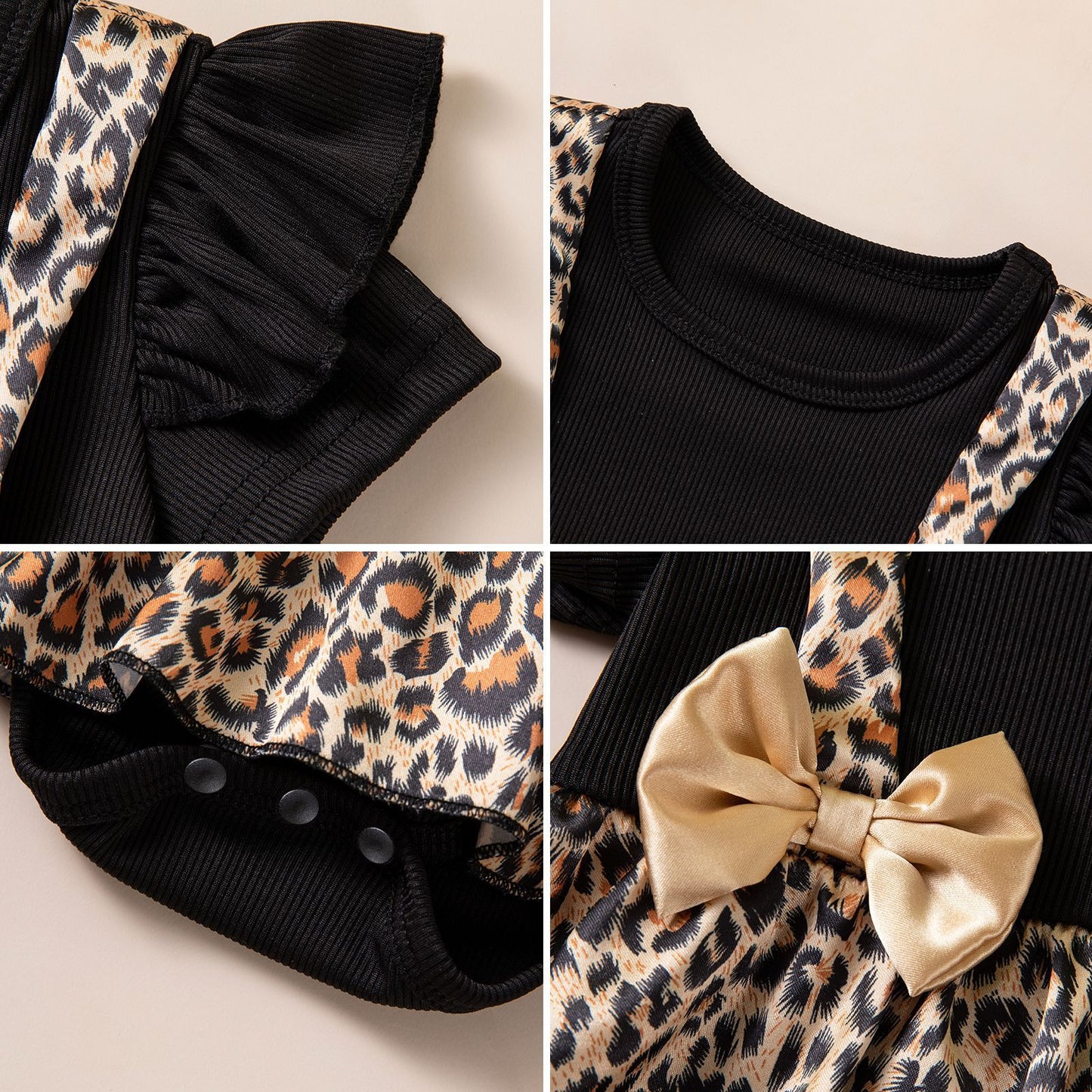 Baby Summer Outfit Girl Leopard Print Spliced Romper Dress with Bow Hairband Two-Piece Set Baby First Birthday Photo Princess Costume
