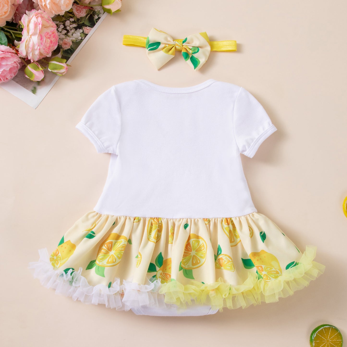 Baby Summer Clothes Girl Lemon Print Princess Dress First Birthday Party Romper Baby Photo Shoot Formal Outfit Set