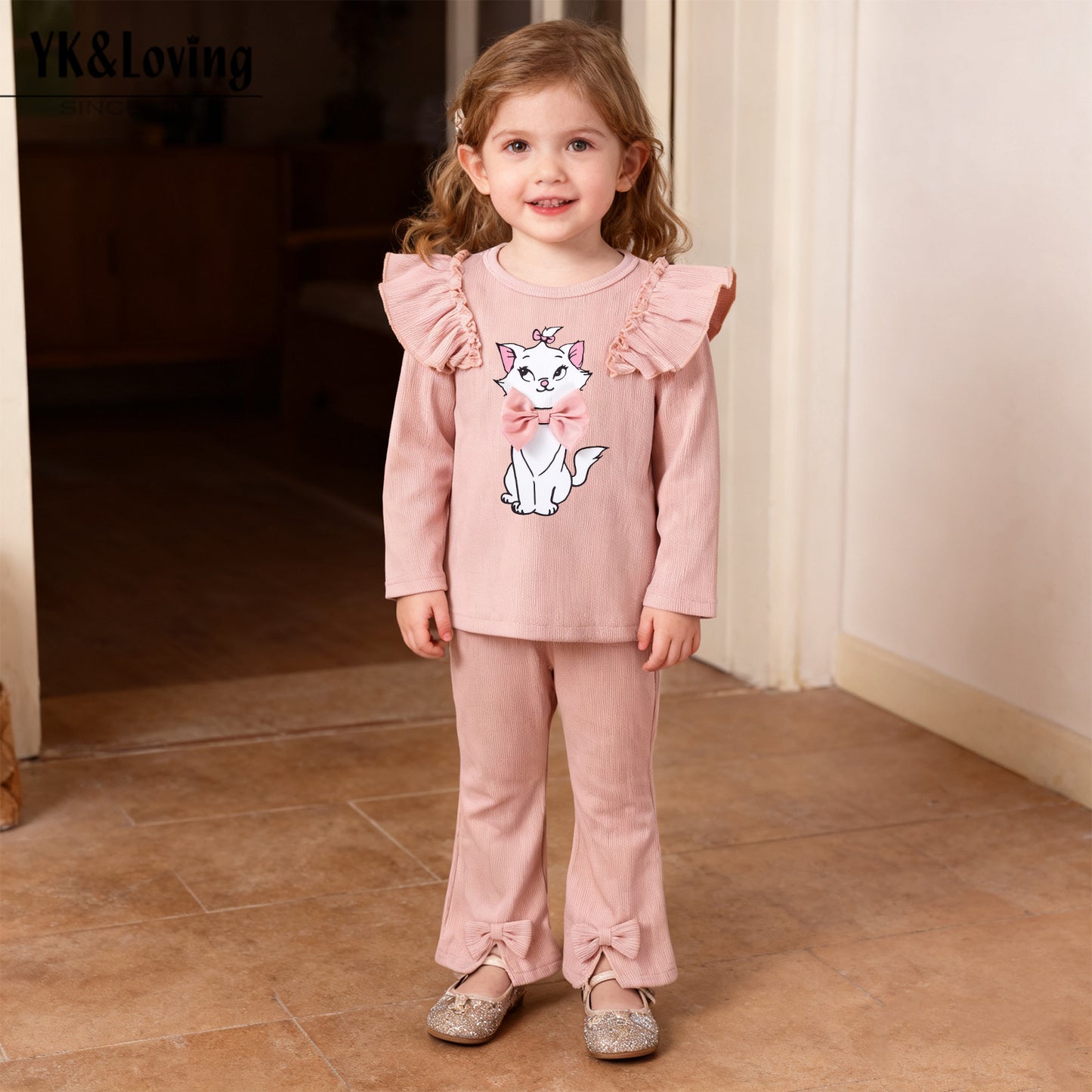 Casual Style Solid Color Elastic Long Sleeve T-Shirt and Flared Pants Two-Piece Set for Girls