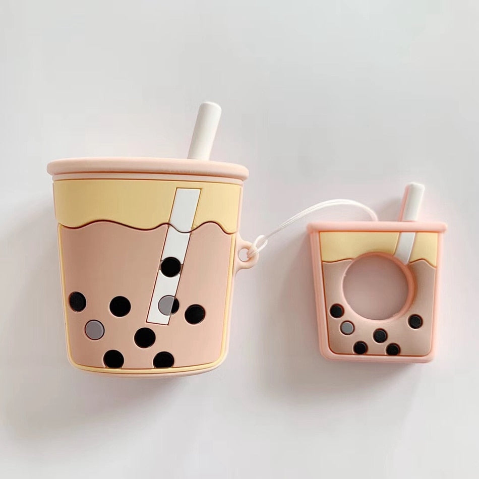 For AirPods Case Cartoon Cute Funny Milk Bubble Tea Drink Bottle Earphone Protect Cover For Airpods 2 with Finger Ring Strap