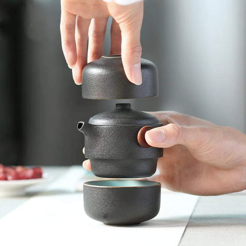 Black pottery quick guest cup one pot two cups household outdoor travel tea set portable bag Kung Fu outdoor portable bubble