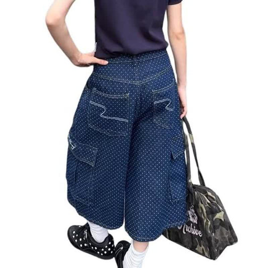 Dot Embroidered Large Pocket Seven-Eighth Denim Pants