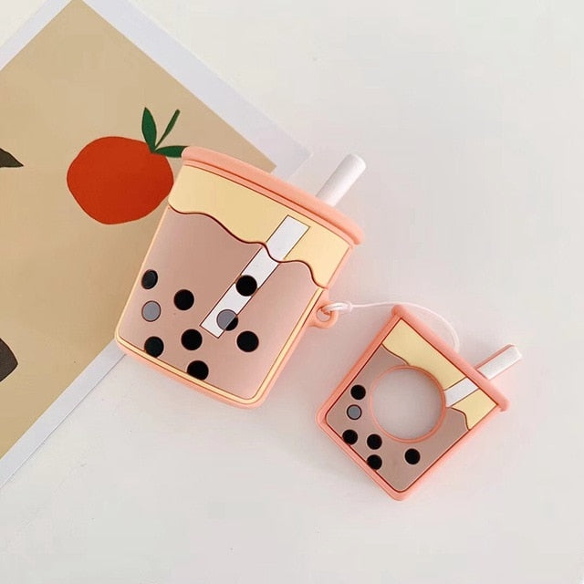 For AirPods Case Cartoon Cute Funny Milk Bubble Tea Drink Bottle Earphone Protect Cover For Airpods 2 with Finger Ring Strap