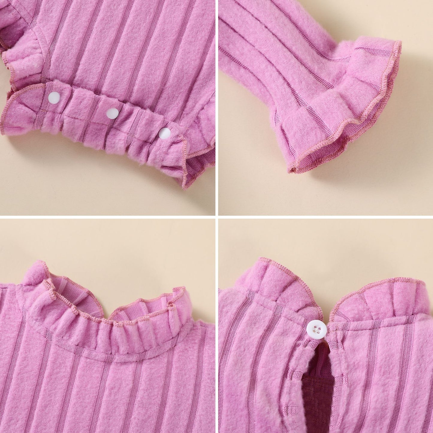 Kids Autumn/Winter New Girls' Long Sleeve Bodysuit Solid Color Ribbed Onesie with Headband Set