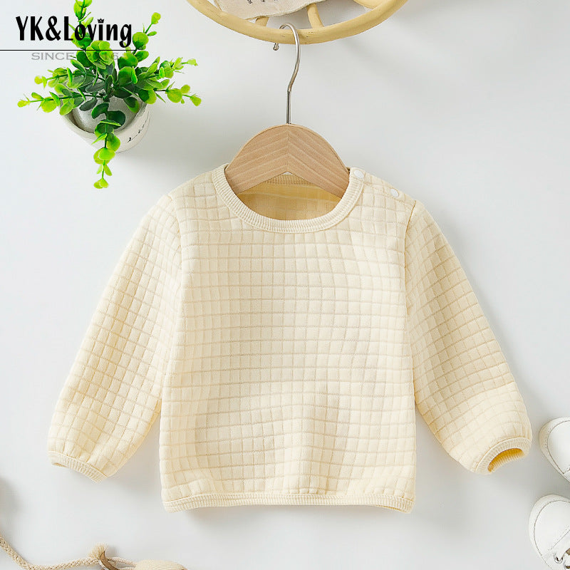Autumn and Winter New Children's Unisex Round Neck Long Sleeve T-Shirt, High-Quality Knitted Plaid Fabric, Solid Color Minimalist Sweatshirt