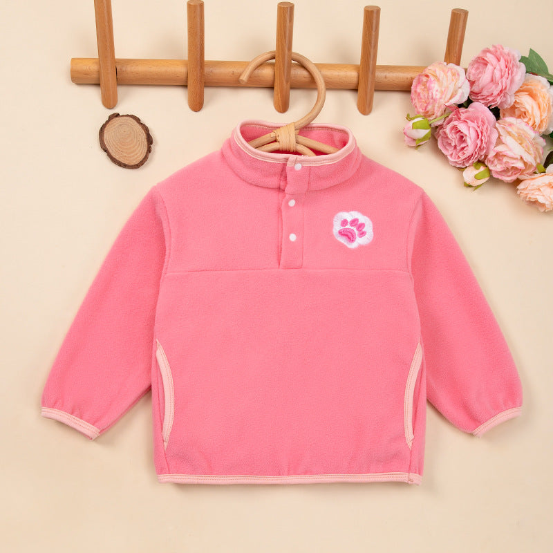 Autumn Winter New Children's Hoodie with Stand Collar, Warm and Windproof, Simple and Cute Embroidery Design for Boys and Girls