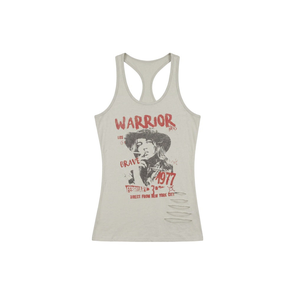 Printed Ripped Sleeveless Tank Top for Women Fitted Summer Crop Top Outerwear