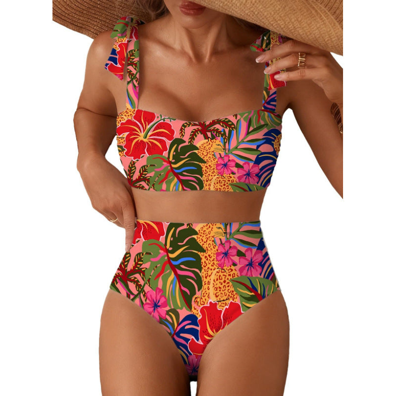 Women's Striped Bikini Set with Tie-Shoulder Design, High-Waisted Two-Piece Swimsuit
