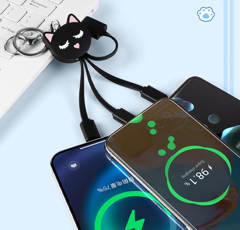 Cartoon Black Cat 3-in-1 Data Cable Cute Key Portable One to Three Charging Cable Suitable for Apple and Huawei