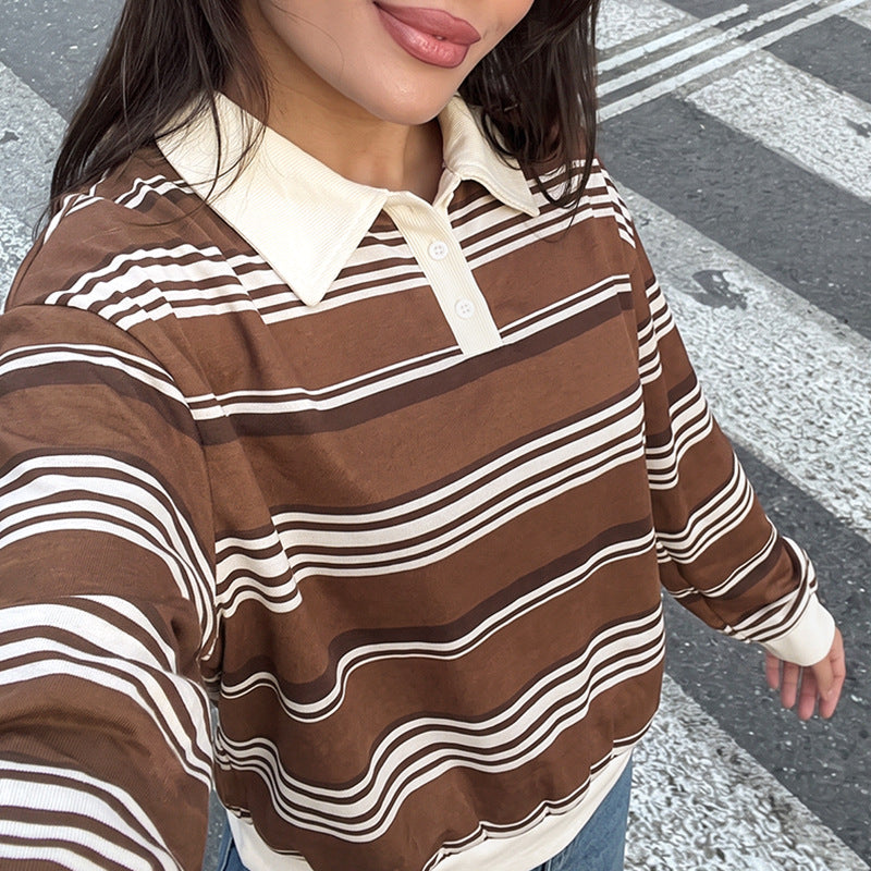 Striped contrasting polo neck loose hoodie for women
