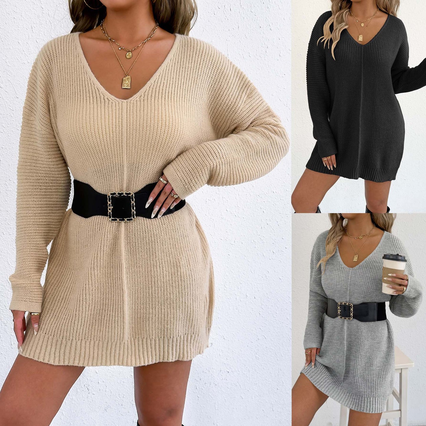 Knitwear Ready Stock Women's Deep V-Neck Sexy Sweater Innerwear Dress (Without Belt)