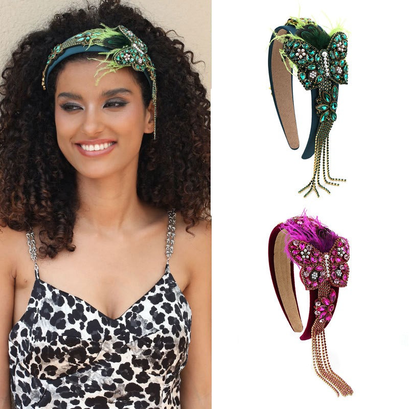 Butterfly rhinestone tassel feather headband headband