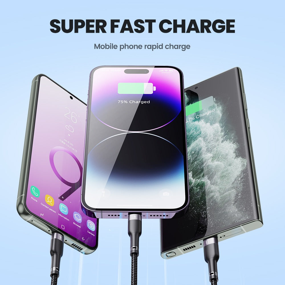 One to three 100W fast charging data compatible with Apple Typec Android phone braided charging cable
