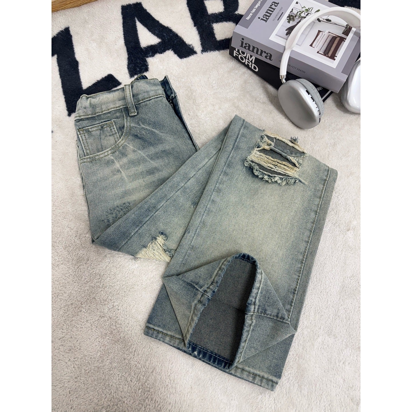 Ripped Denim Pants for Men,Vintage Loose Wide Leg Design Long Trousers