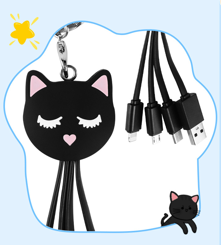 Cartoon Black Cat 3-in-1 Data Cable Cute Key Portable One to Three Charging Cable Suitable for Apple and Huawei
