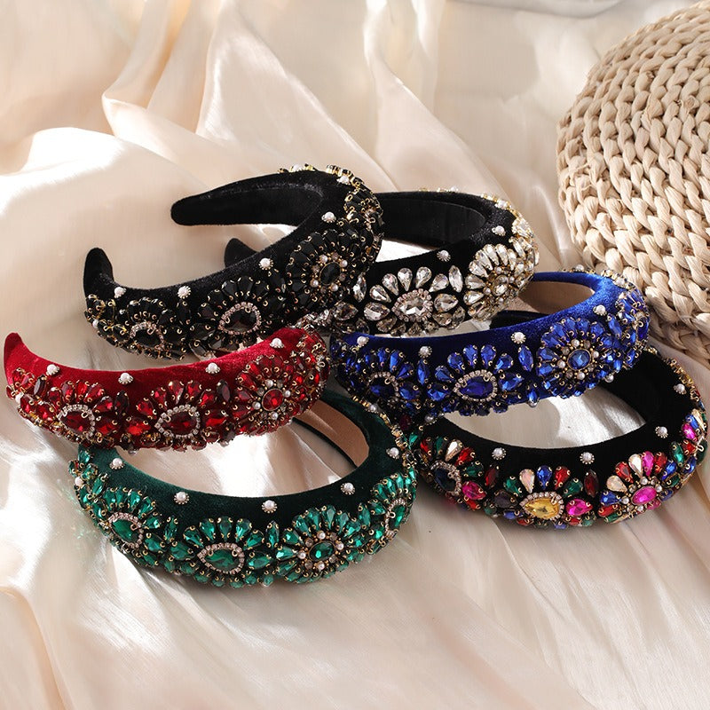 Fashionable Baroque inlaid colorful rhinestone sponge wide edge headband