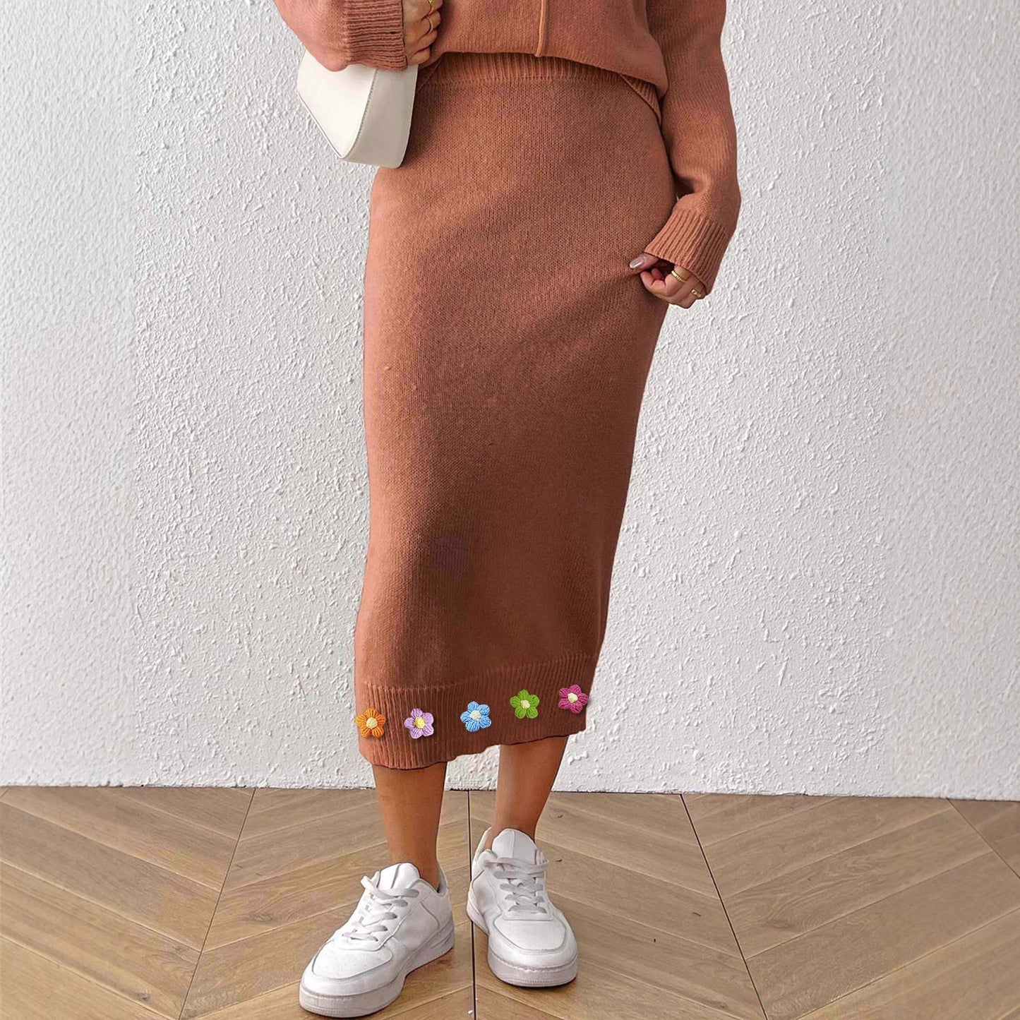 Skirt with 3D Hand-Crocheted Flower Decoration, Fitted Bodycon Midi Skirt, Women's Knit Dress Skirt
