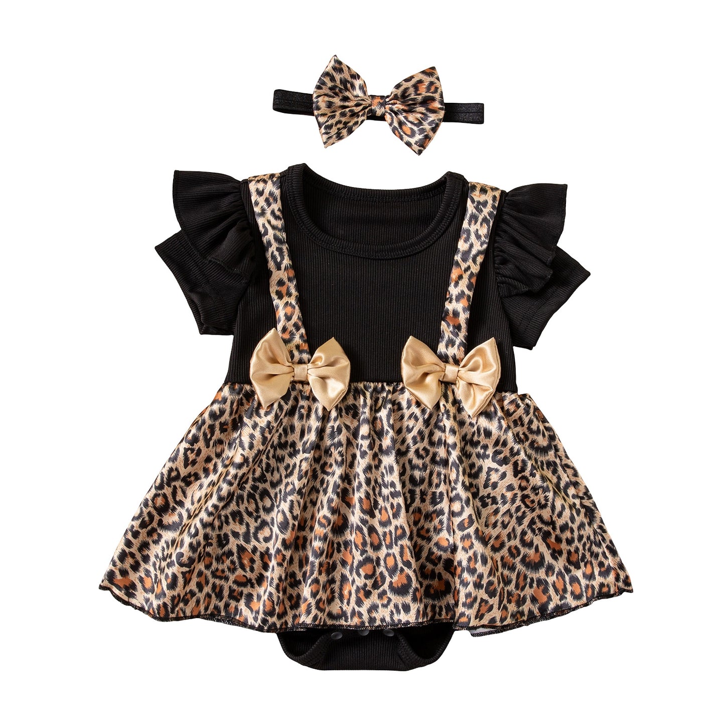 Baby Summer Outfit Girl Leopard Print Spliced Romper Dress with Bow Hairband Two-Piece Set Baby First Birthday Photo Princess Costume