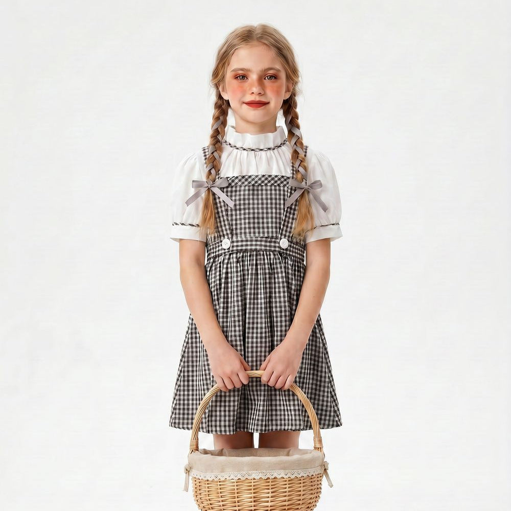 Vintage Mother-Daughter Matching Outfits Summer Black and White Checkered Overall Dress Set French Countryside Photo Shoot Mother-Daughter