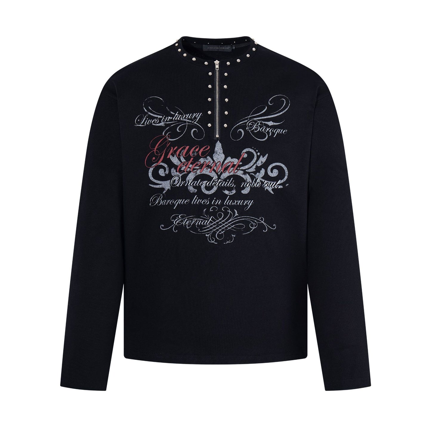 Light punk rivet half zipper long sleeved t-shirt