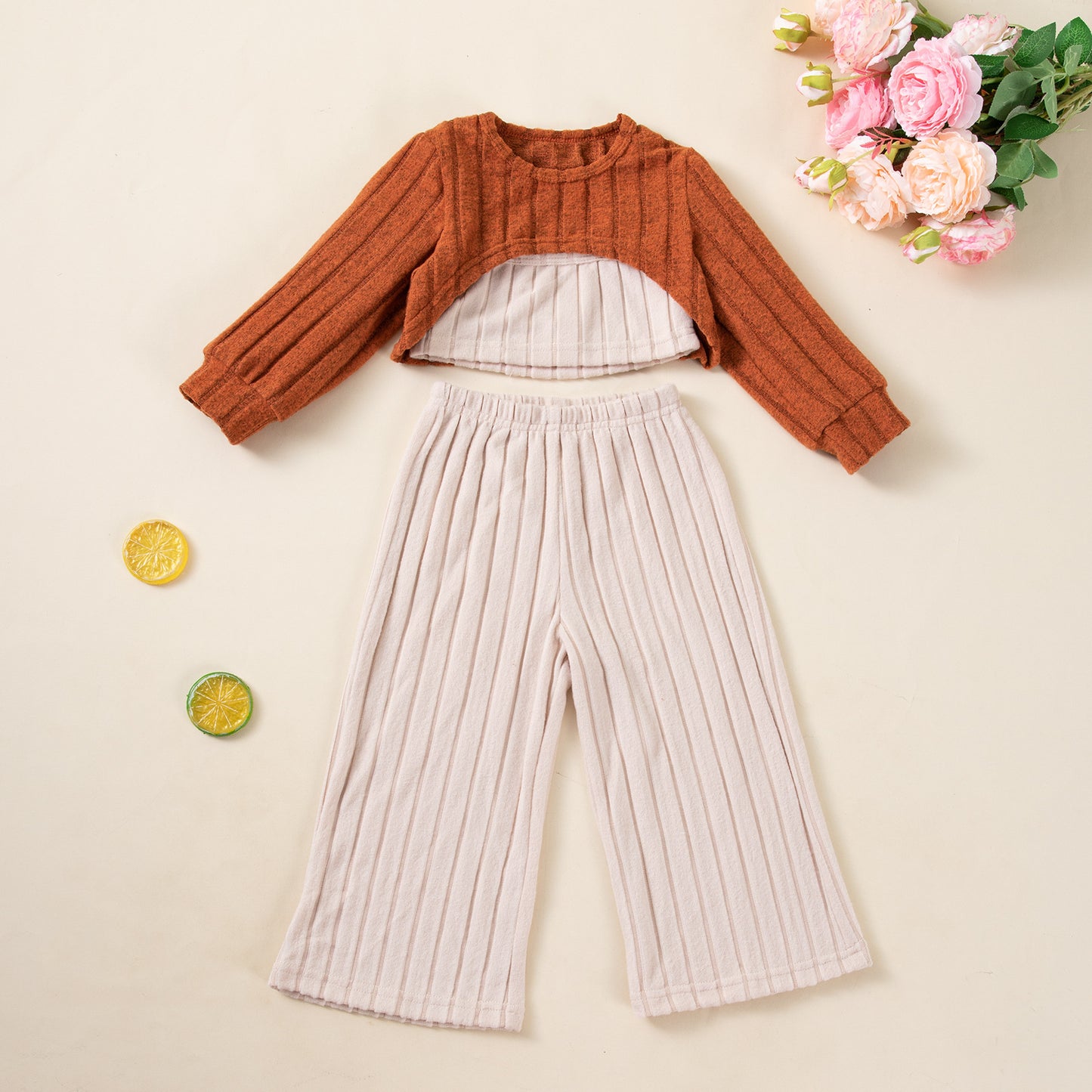 Chic Fashion Girls' 3-Piece Set Knit Long Sleeve Top, Strapless Vest, Wide-Leg Pants
