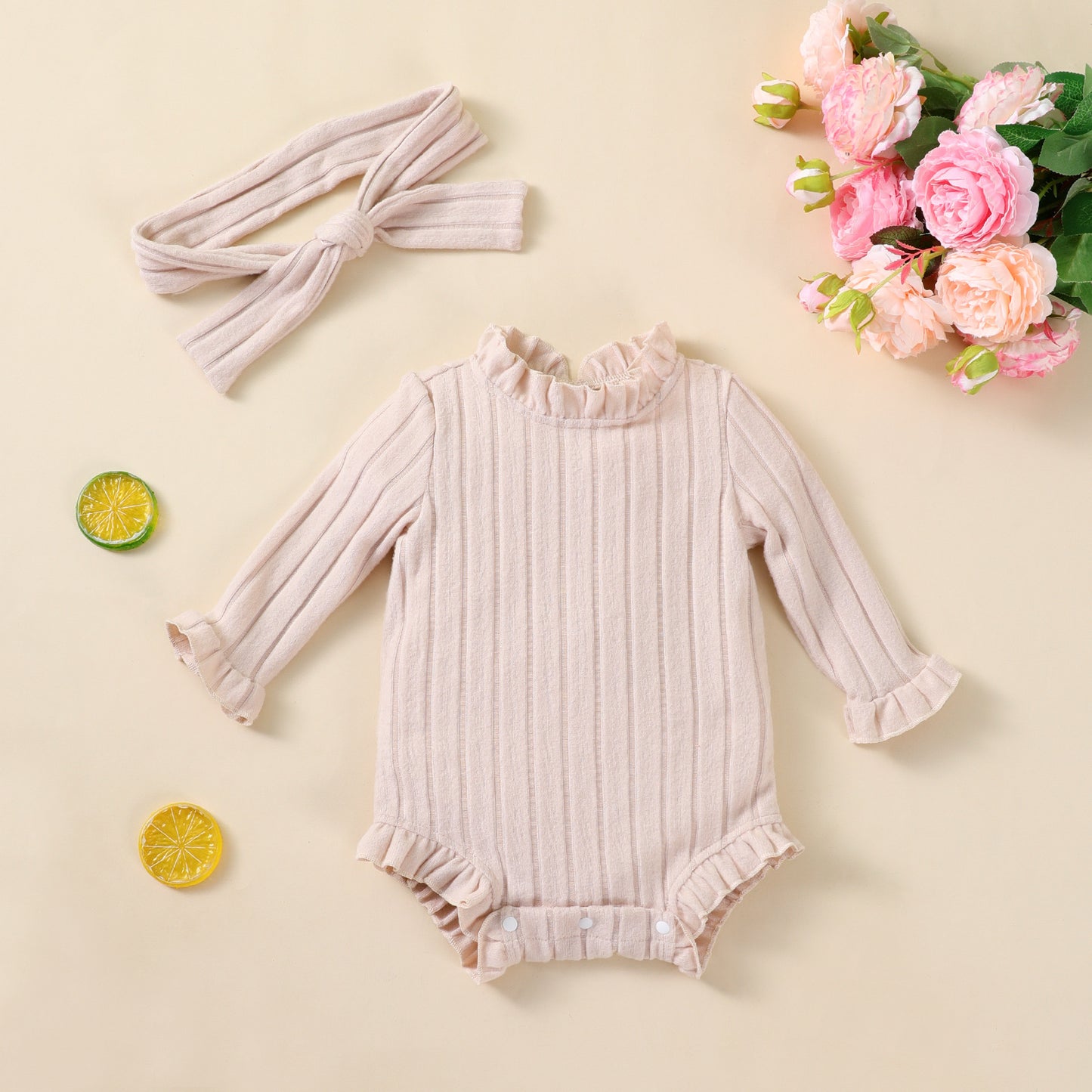 Kids Autumn/Winter New Girls' Long Sleeve Bodysuit Solid Color Ribbed Onesie with Headband Set
