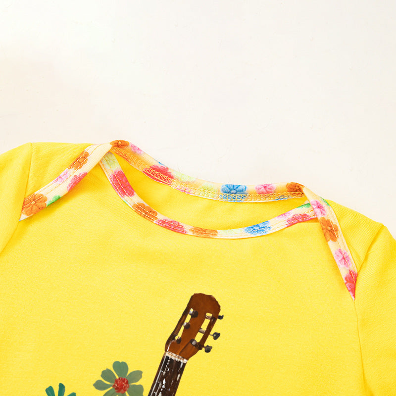 Cute Baby Onesie Yellow Guitar Print Summer Short Sleeve Romper Festival Outfit Direct Factory Sale