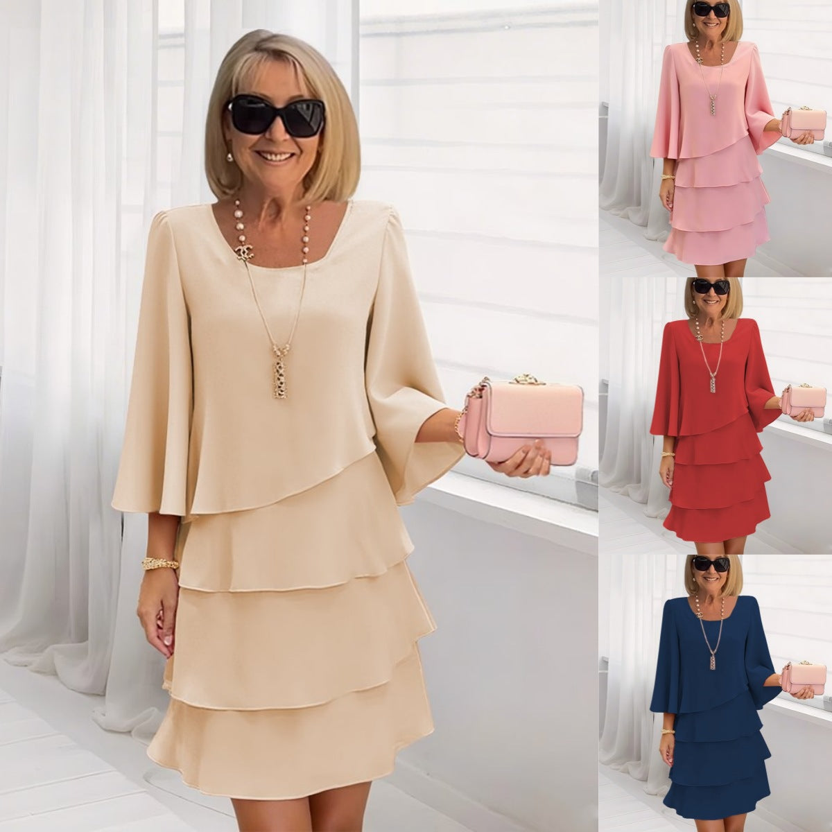 Loose solid color round neck dress