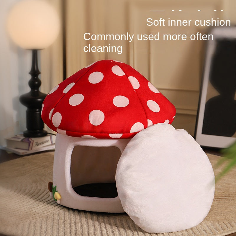Red Umbrella Mushroom Cat House Dog Bed Winter Warm Closed-Style Cat House Pet Nest All-Season Universal for Cats and Dogs