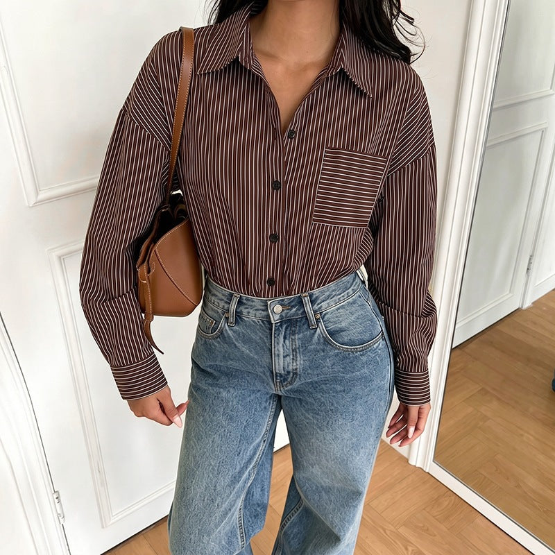 Collar striped long sleeved shirt patchwork jumpsuit