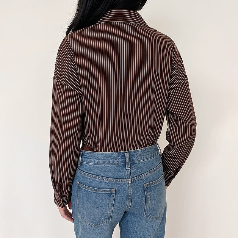 Collar striped long sleeved shirt patchwork jumpsuit
