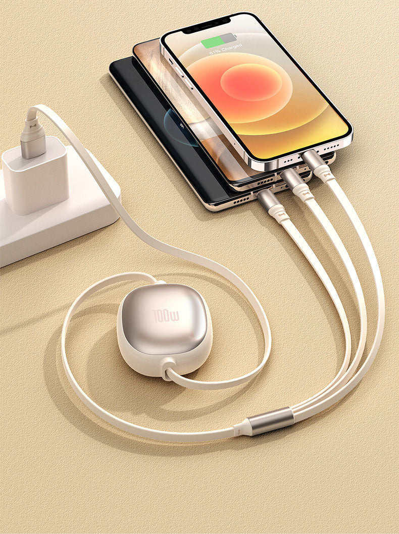 Aluminum alloy three in one telescopic data cable, super fast charging 100W portable one to three charging cable