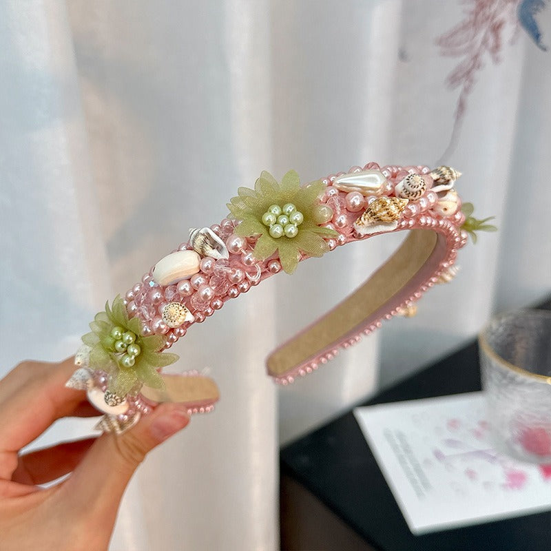 Hand sewn crystal shell headband for pearl hair accessories