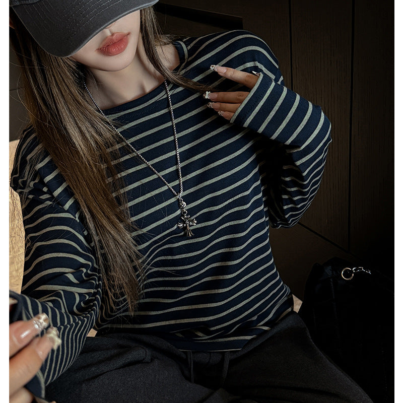 Striped cotton long sleeve T-shirt for women, loose casual high-end feel, round neck, lazy style, inner layer, can be worn outside